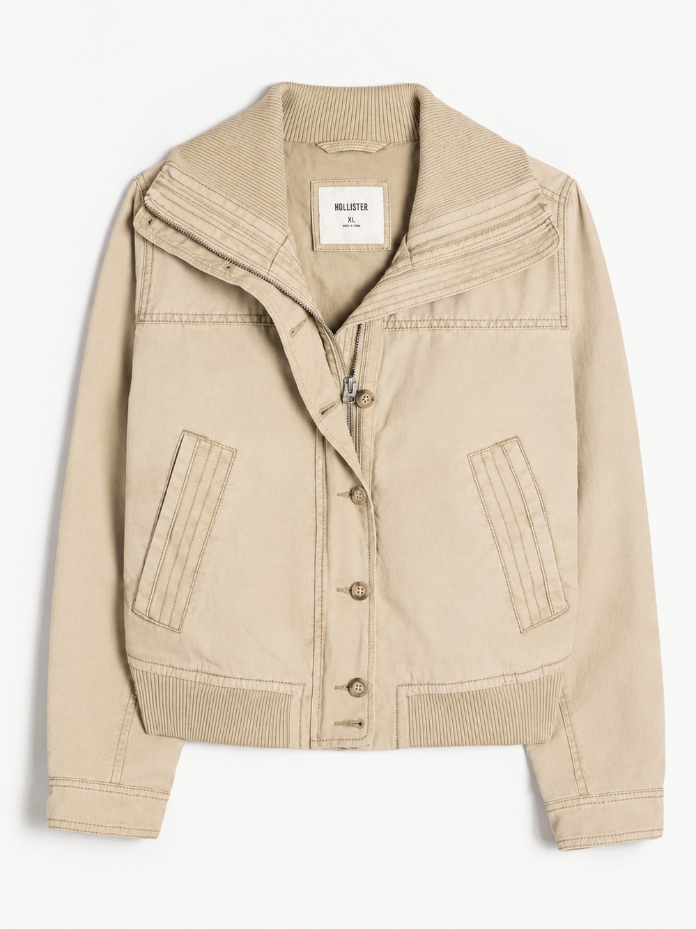Hollister Women's Beige Cotton Bomber Jacket Like New XL